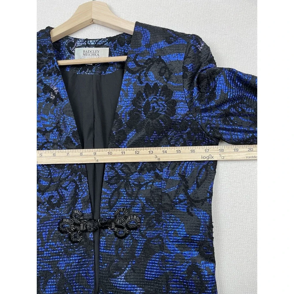 Badgley Mischka Collection Womens Black Blue Brocade Suit Jacket Small Old Money